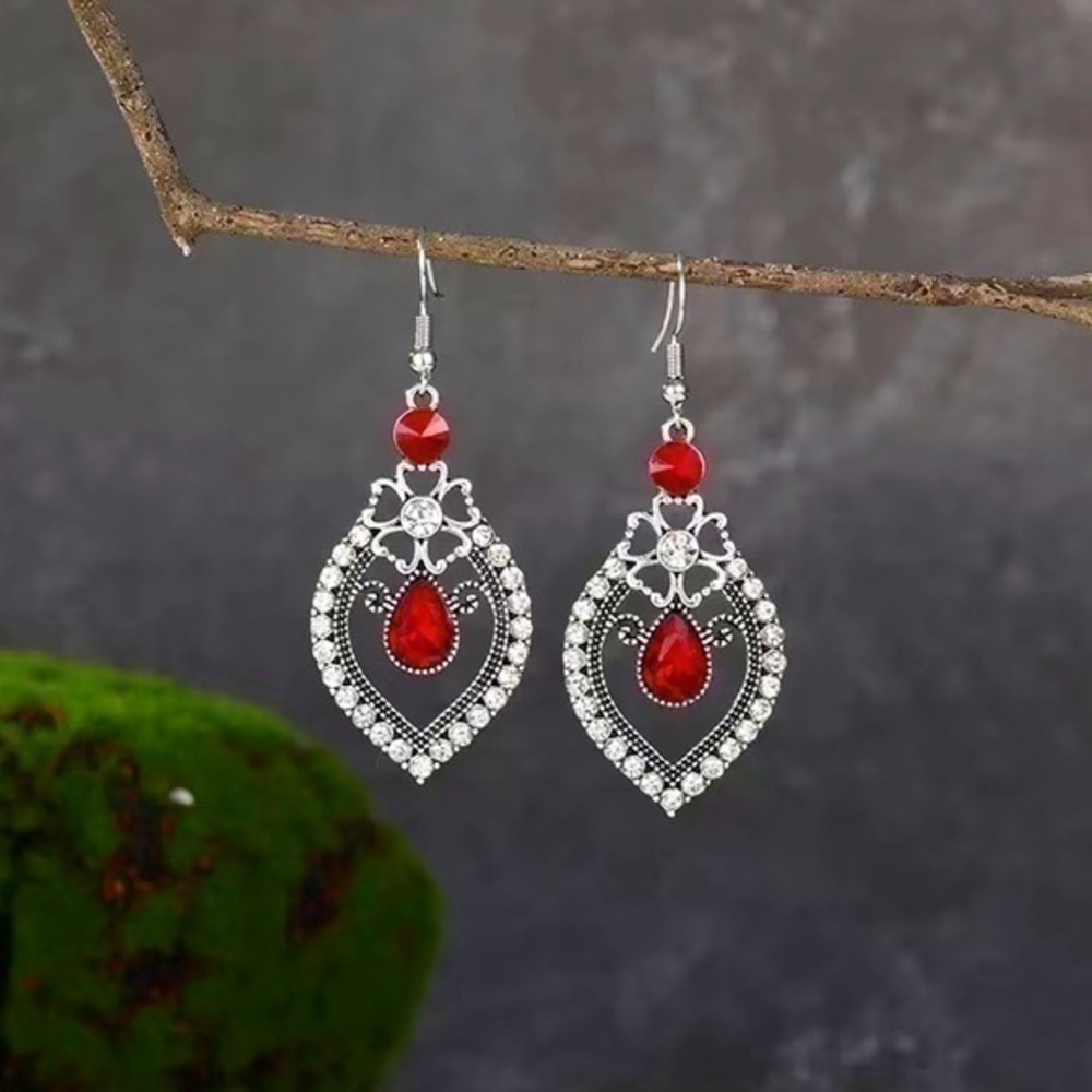 Red And White Crystal Flower Drop Earrings